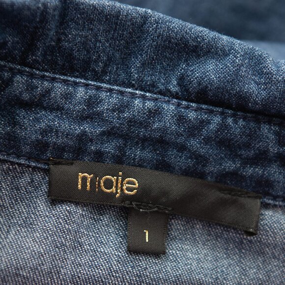 Maje Ralexa Denim Shirt Dress Velvet Belt Snap Front Blue Size 1 Small - Picture 4 of 8